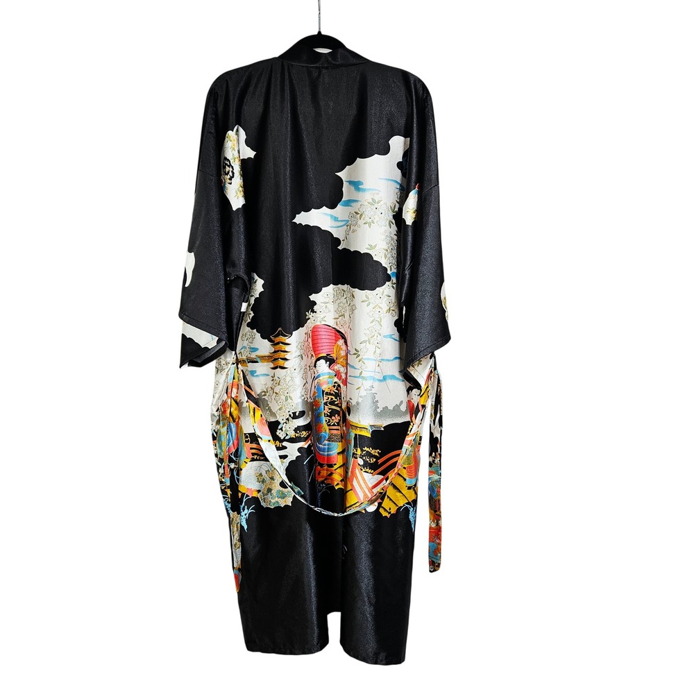 Black Geisha Pagoda Print Satin Kimono Robe XXL Japanese Style Geisha Loungewear